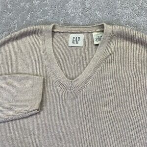 GAP Womens V Neck Ribbed Long Sleeve Sweater Beige Cotton Size Medium